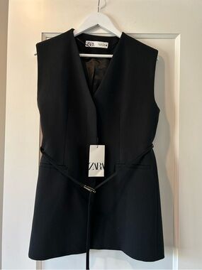 NWT Zara Long Belted Black Vest Size L
